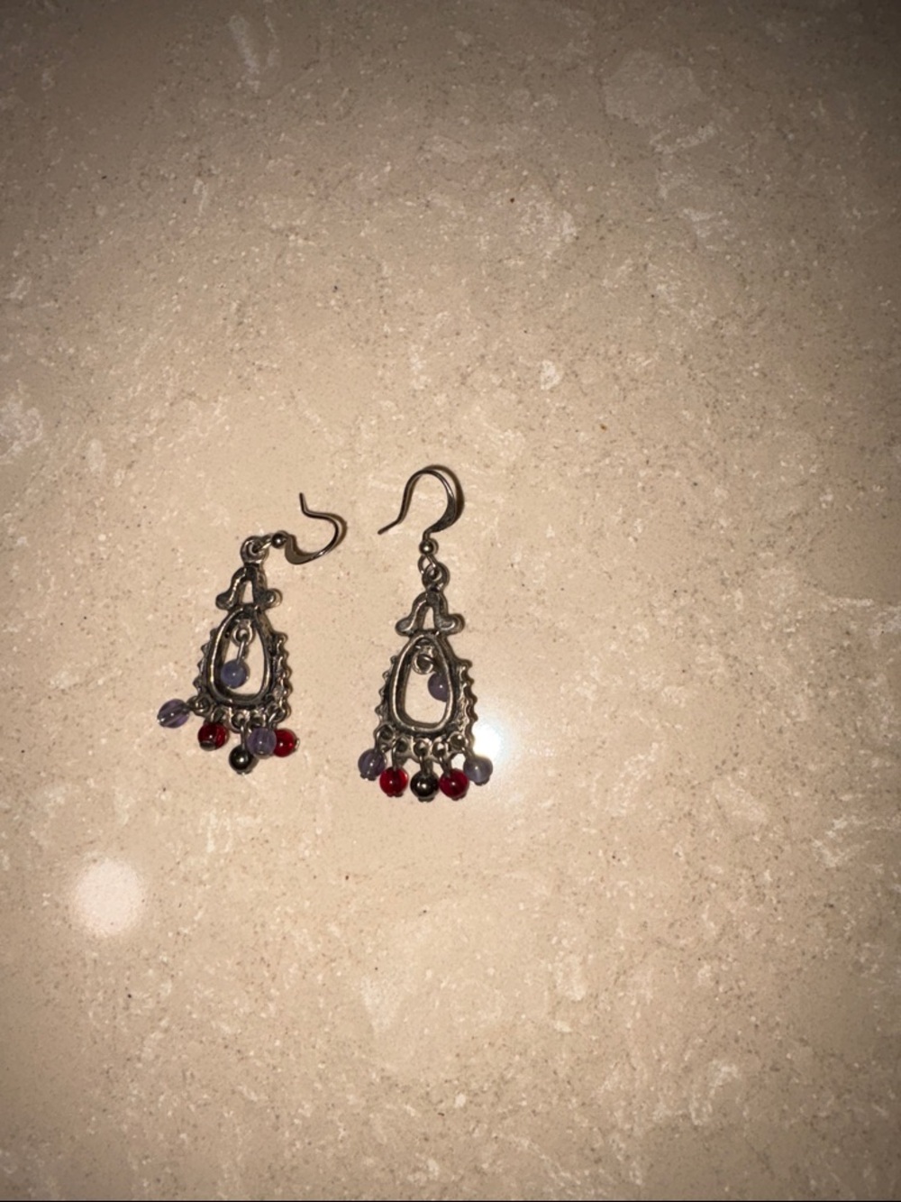 Chico's Silver-Tone Dangle Earrings with Red and Purple Beads